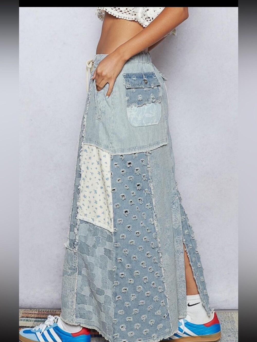 POL “Indigo Patches Maxi” Long Maxi Denim Light Blue Patchwork Skirt - Women S - Picture 5 of 13